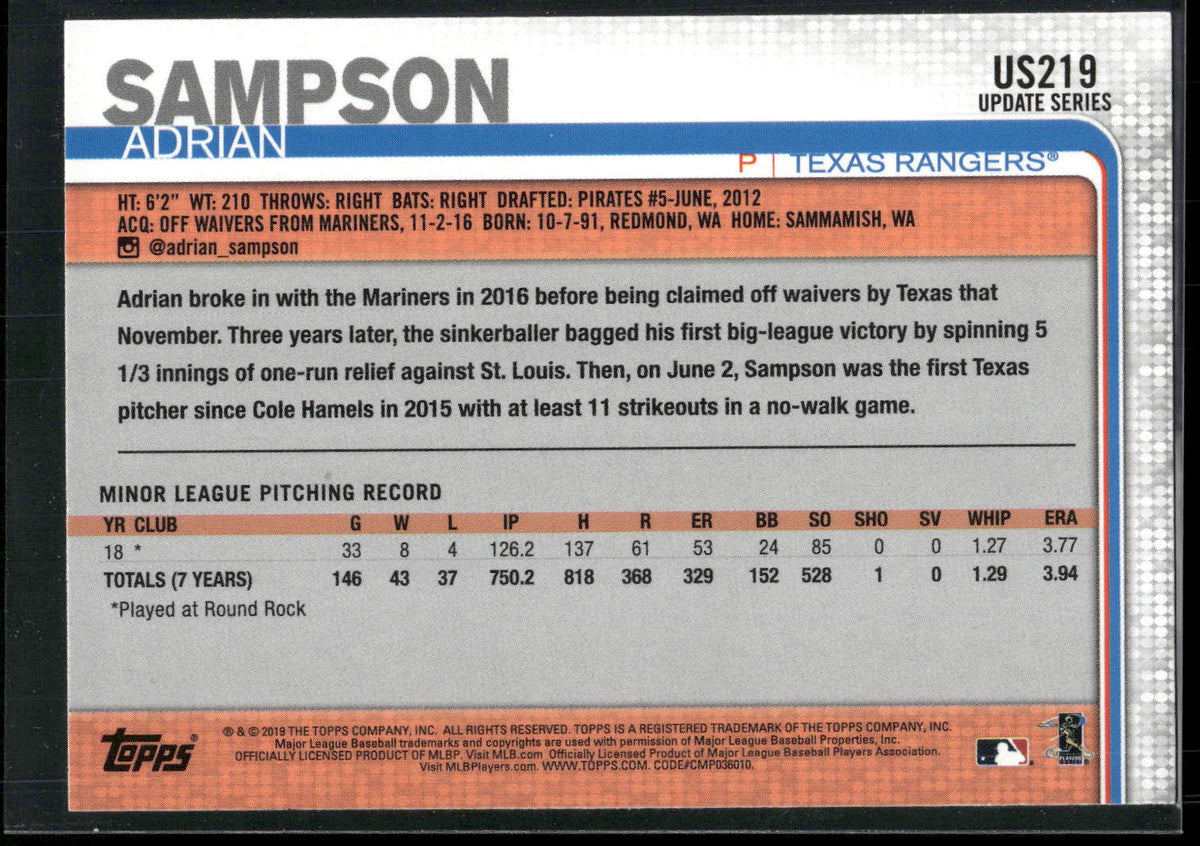 2019 Topps Update #US219 Adrian Sampson
