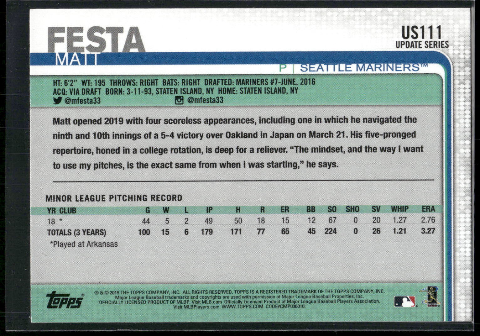 2019 Topps Update #US111 Matt Festa