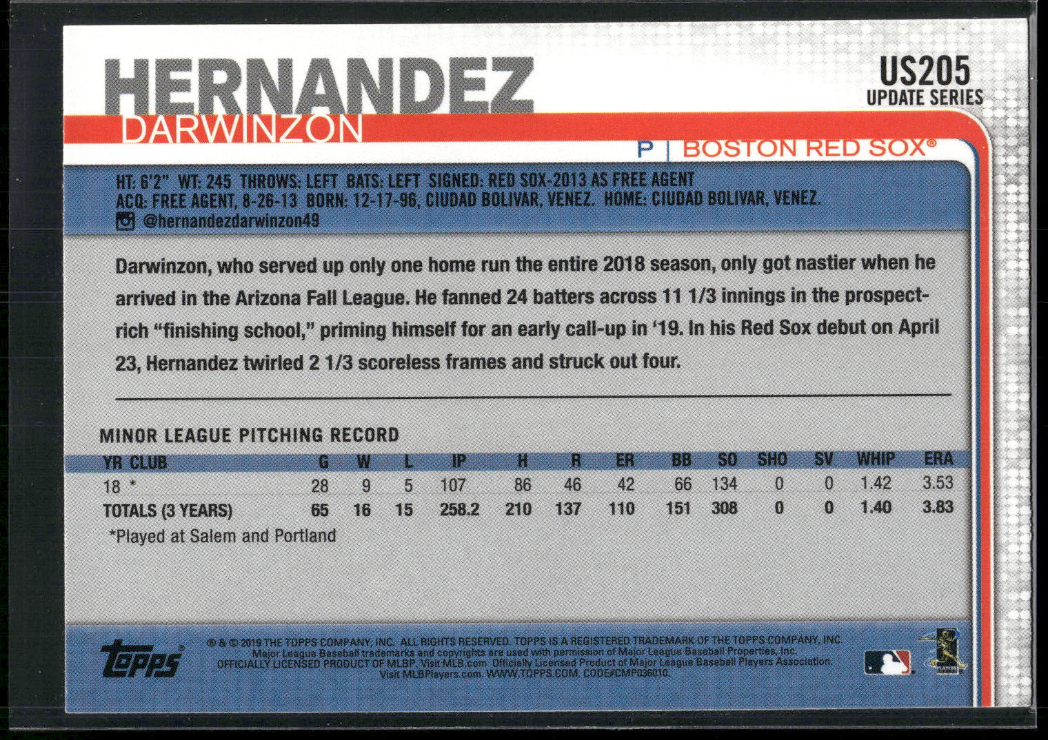 2019 Topps Update #US205 Darwinzon Hernandez