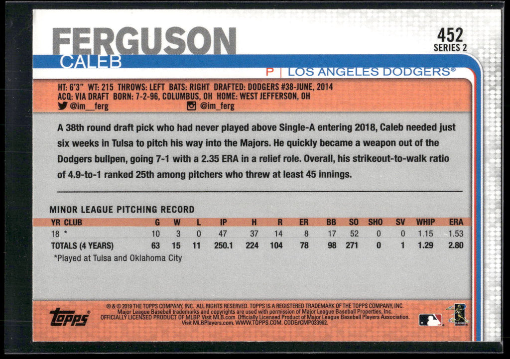 2019 Topps #452 Caleb Ferguson