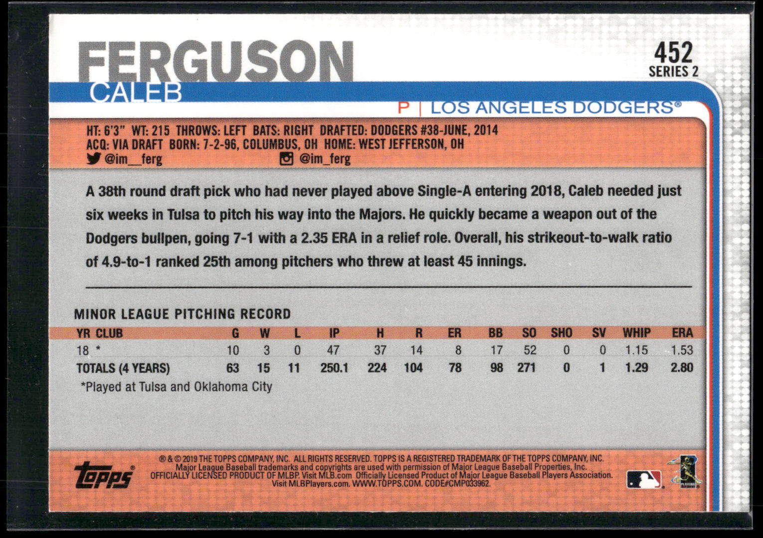 2019 Topps #452 Caleb Ferguson