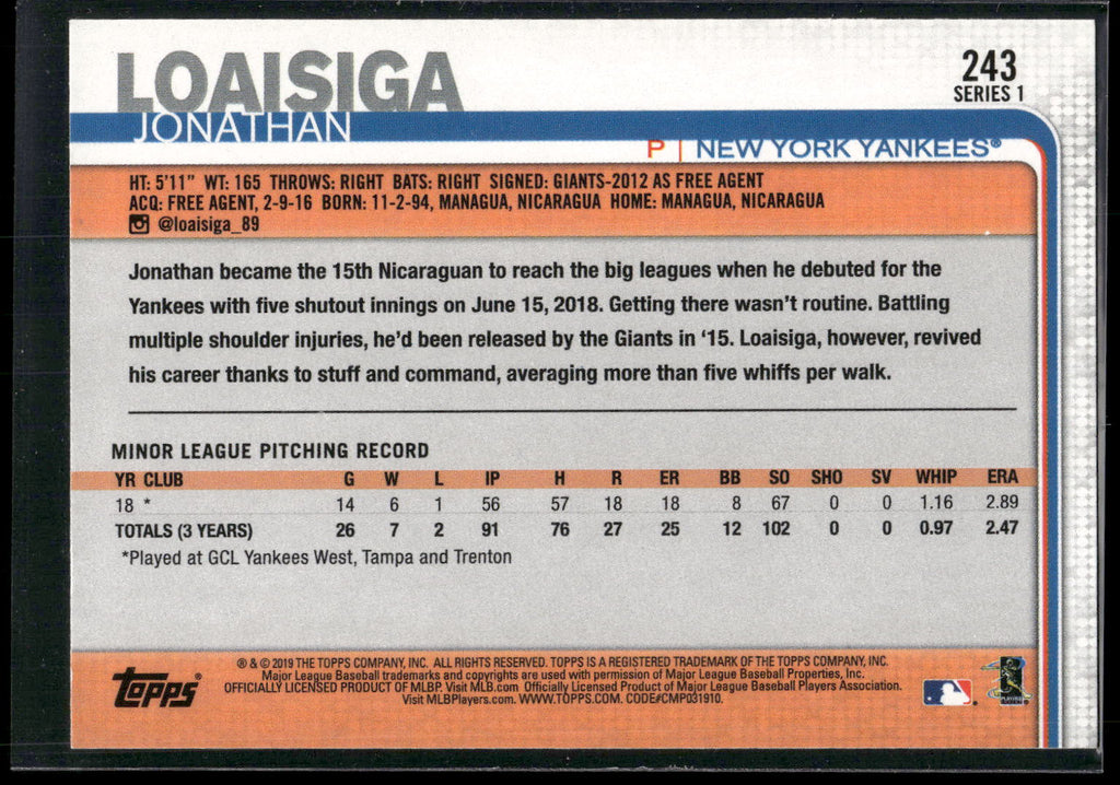 2019 Topps #243 Jonathan Loaisiga
