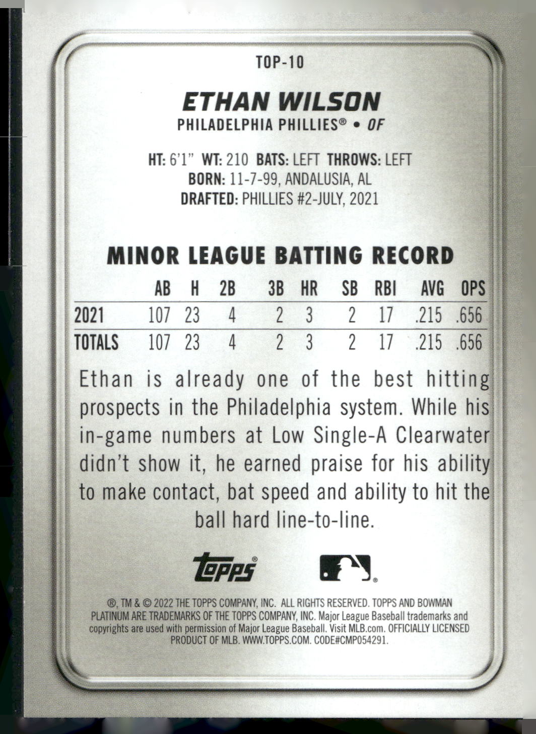 2022 Bowman Platinum #TOP-10 Ethan Wilson Top Prospects Ice Foilboard