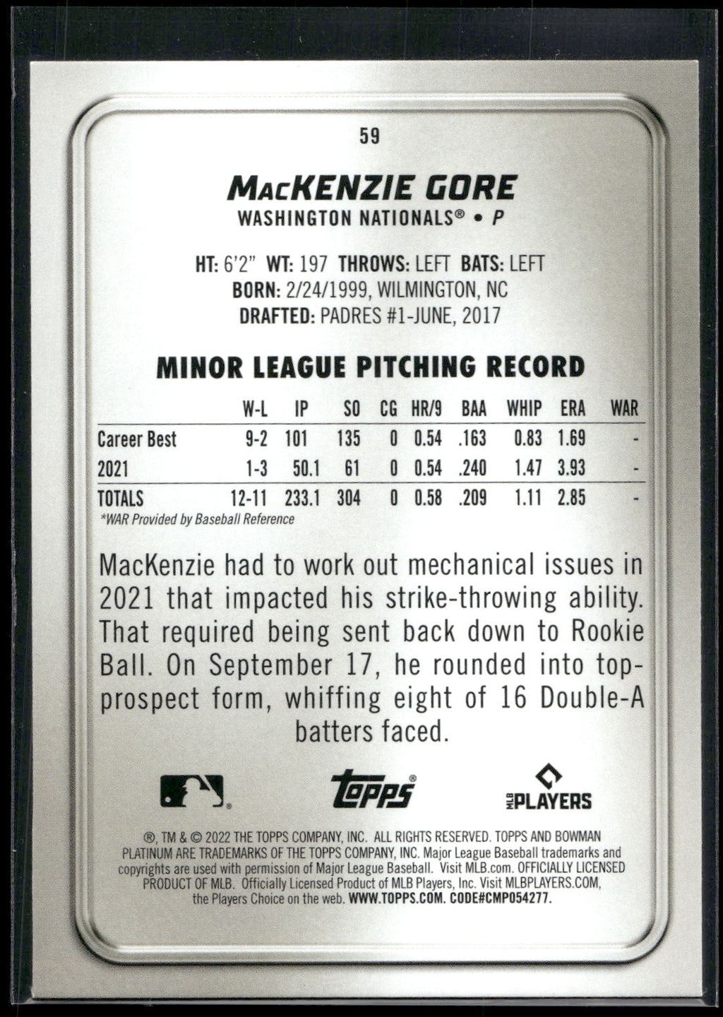 2022 Bowman Platinum #59 MacKenzie Gore Ice Foilboard