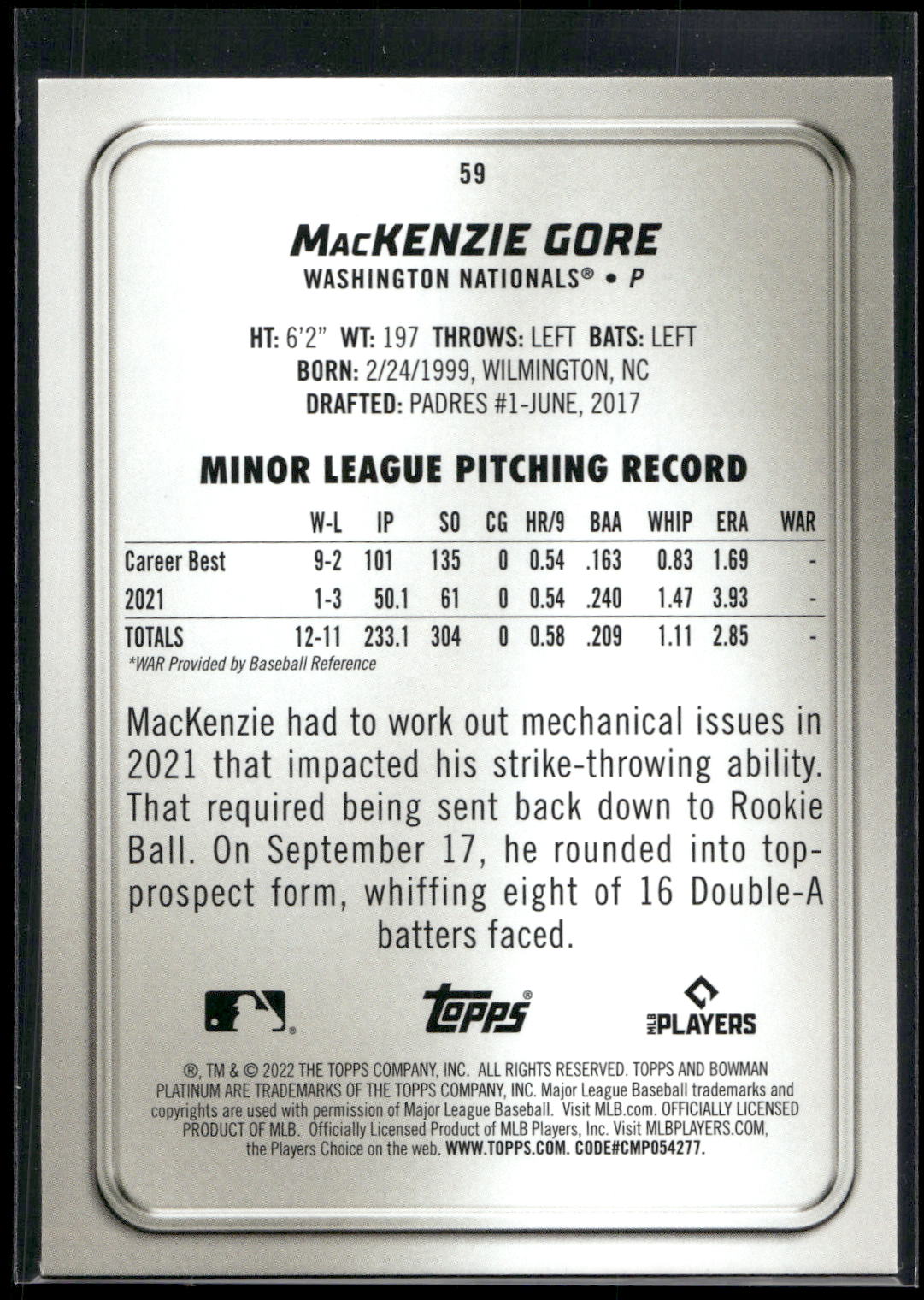 2022 Bowman Platinum #59 MacKenzie Gore Ice Foilboard