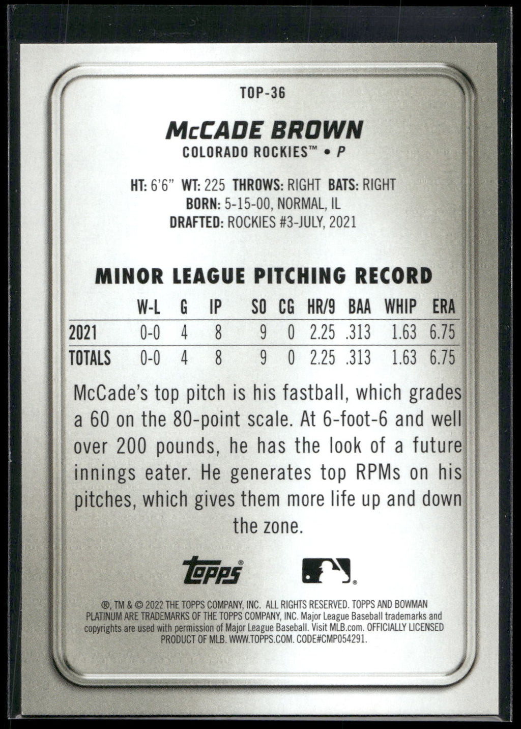 2022 Bowman Platinum #TOP-36 McCade Brown Top Prospects Ice Foilboard
