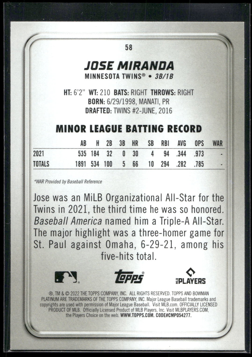2022 Bowman Platinum #58 Jose Miranda Ice Foilboard