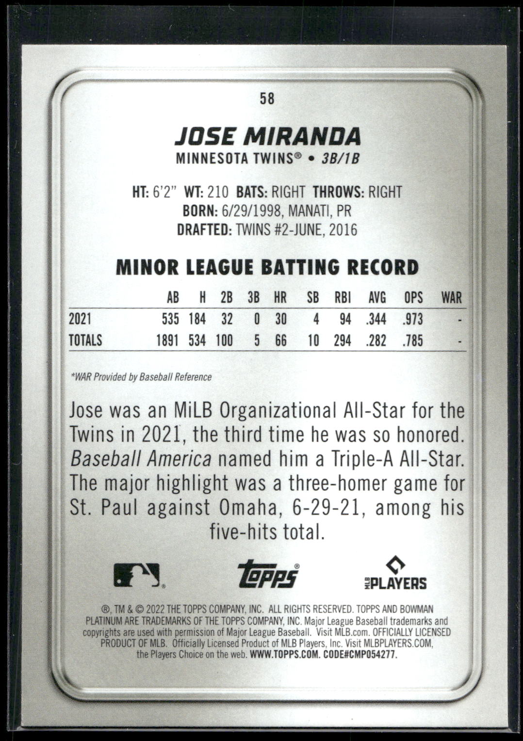 2022 Bowman Platinum #58 Jose Miranda Ice Foilboard