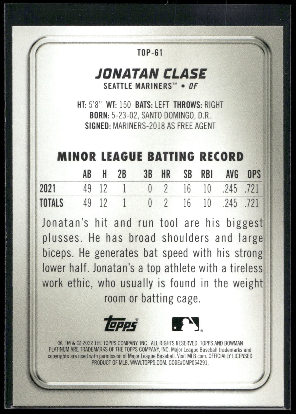 2022 Bowman Platinum #TOP-61 Jonatan Clase Top Prospects