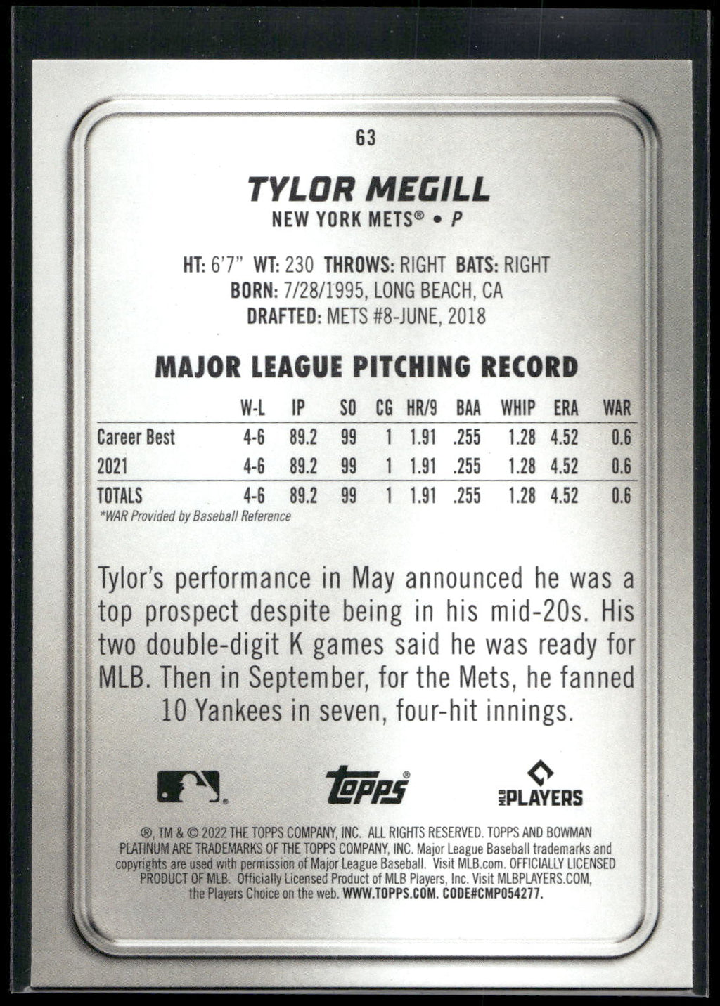 2022 Bowman Platinum #63 Tylor Megill