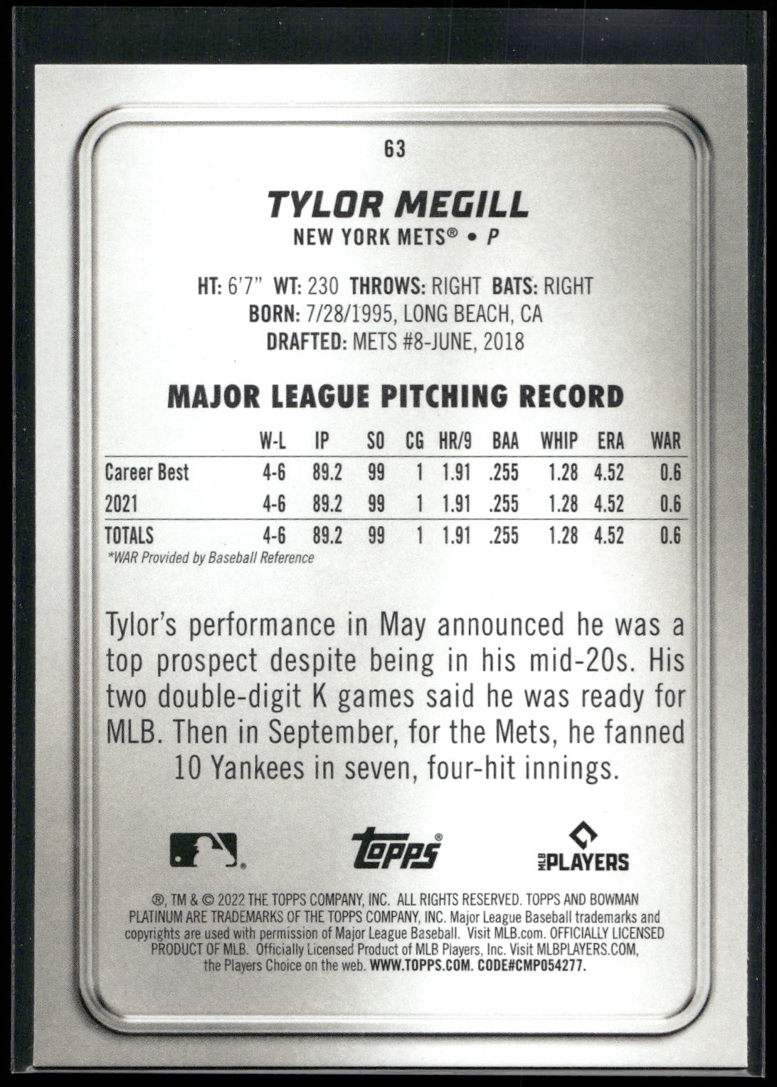 2022 Bowman Platinum #63 Tylor Megill
