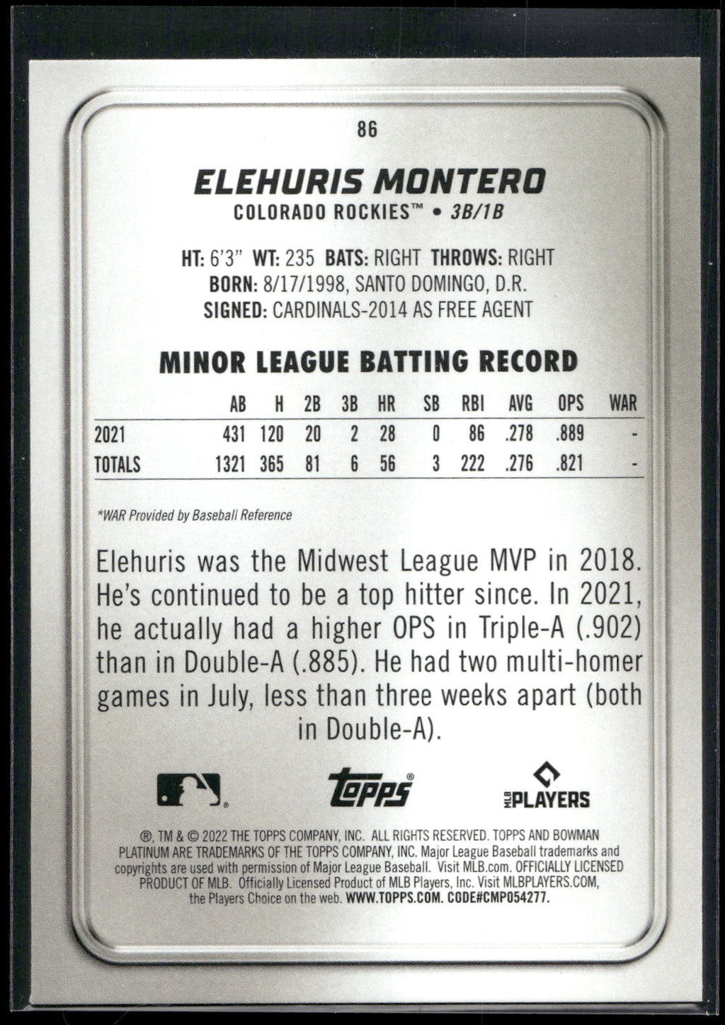 2022 Bowman Platinum #86 Elehuris Montero