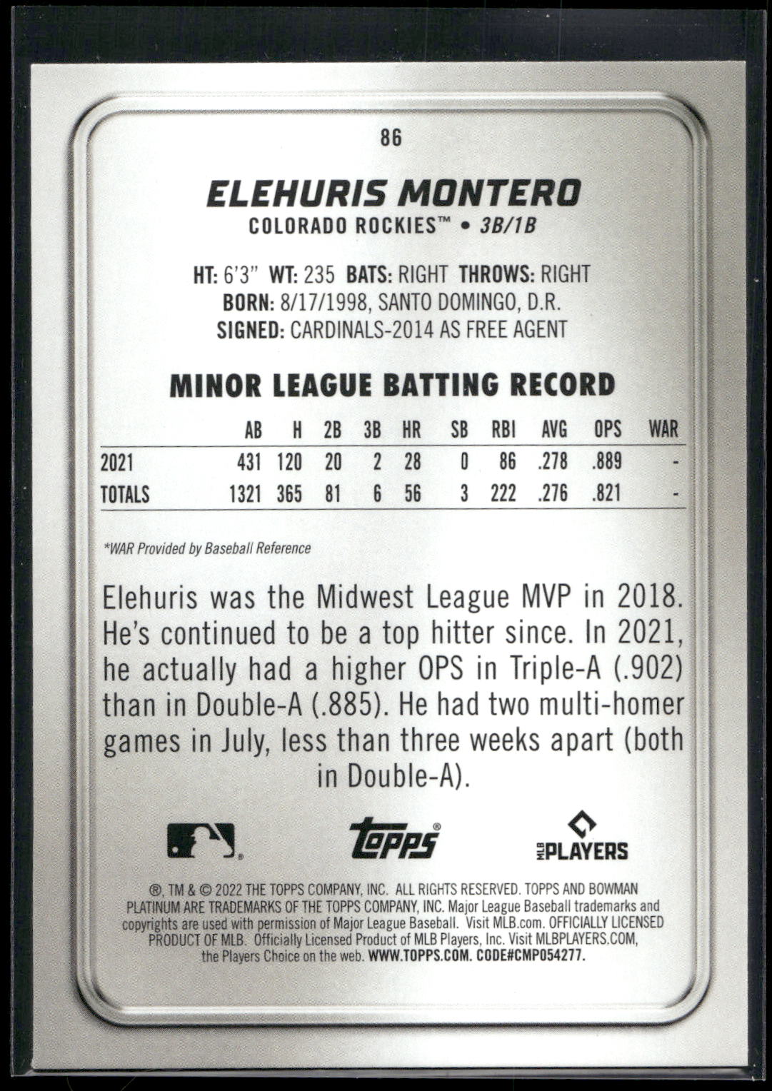 2022 Bowman Platinum #86 Elehuris Montero