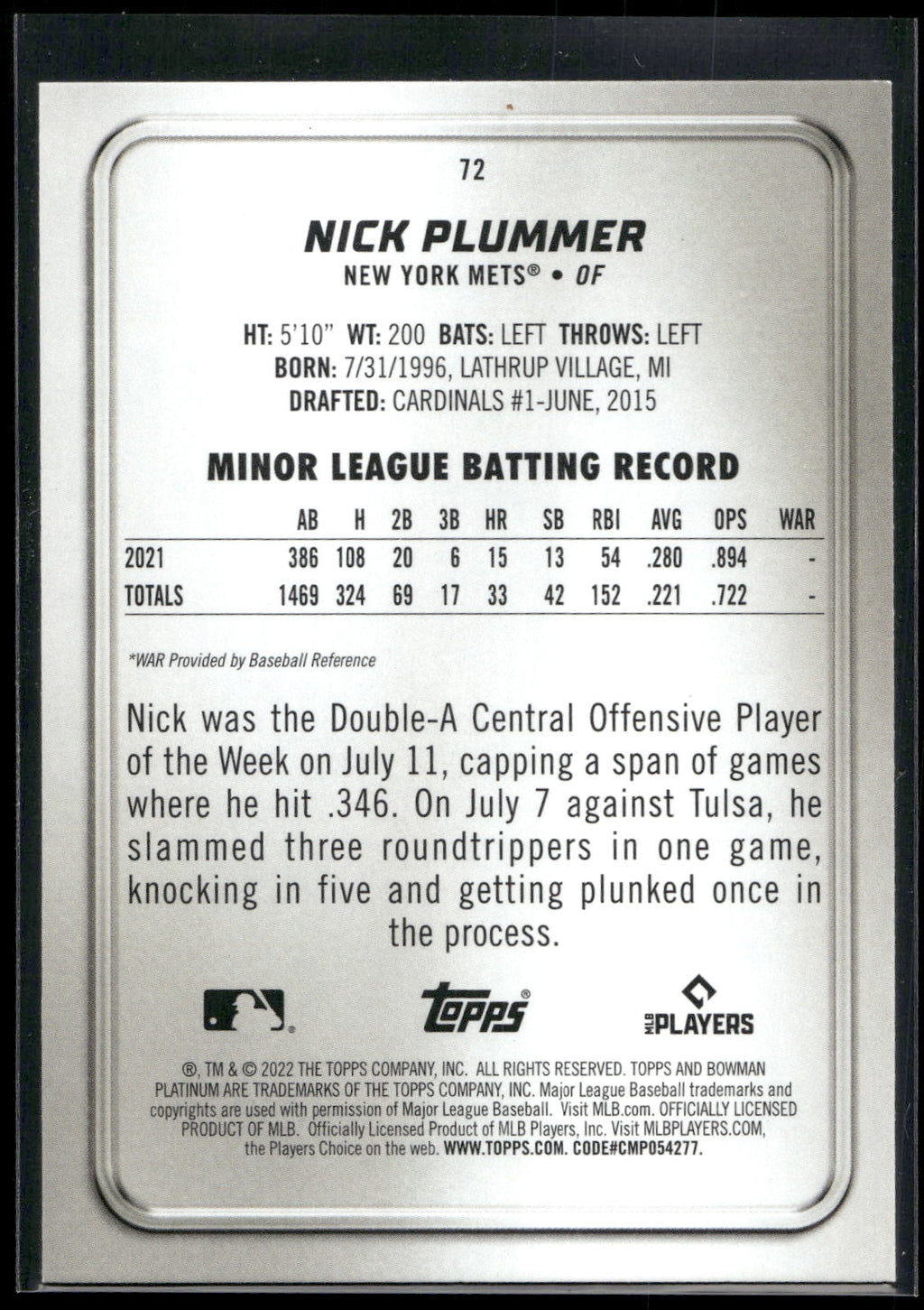 2022 Bowman Platinum #72 Nick Plummer