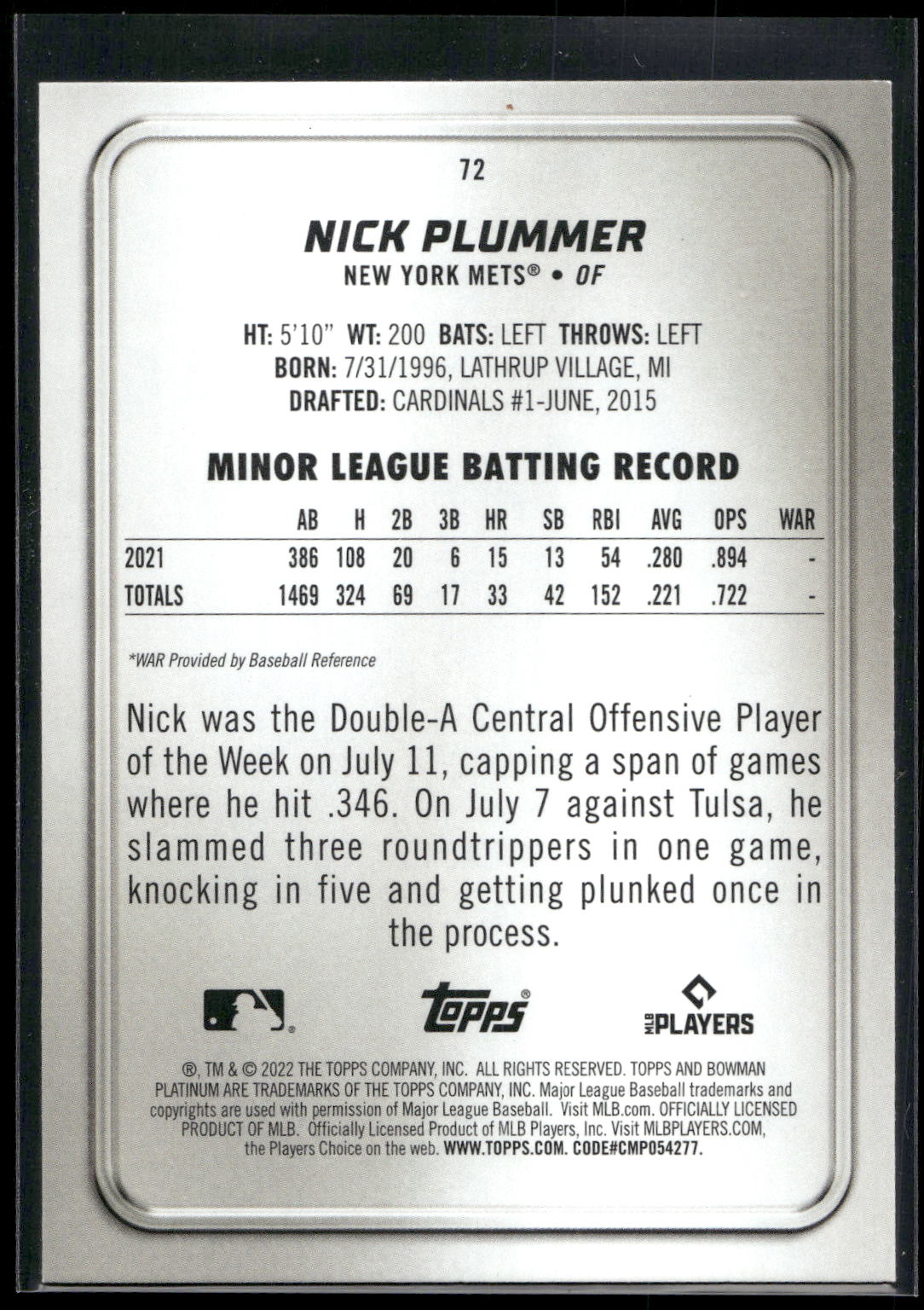 2022 Bowman Platinum #72 Nick Plummer