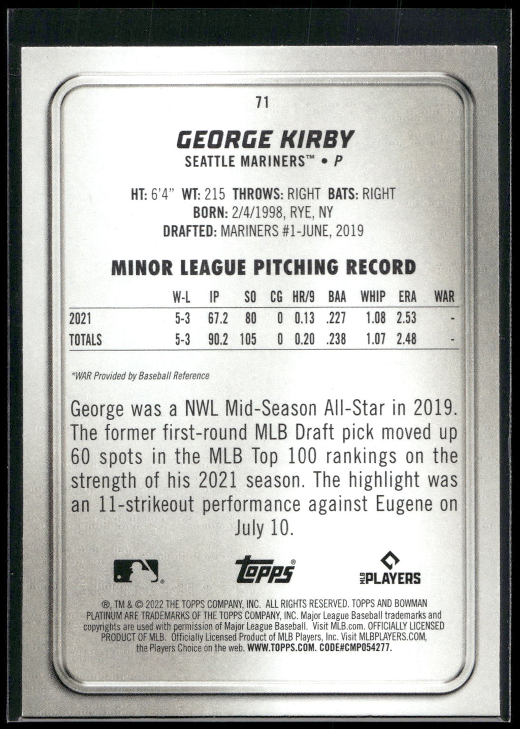 2022 Bowman Platinum #71 George Kirby