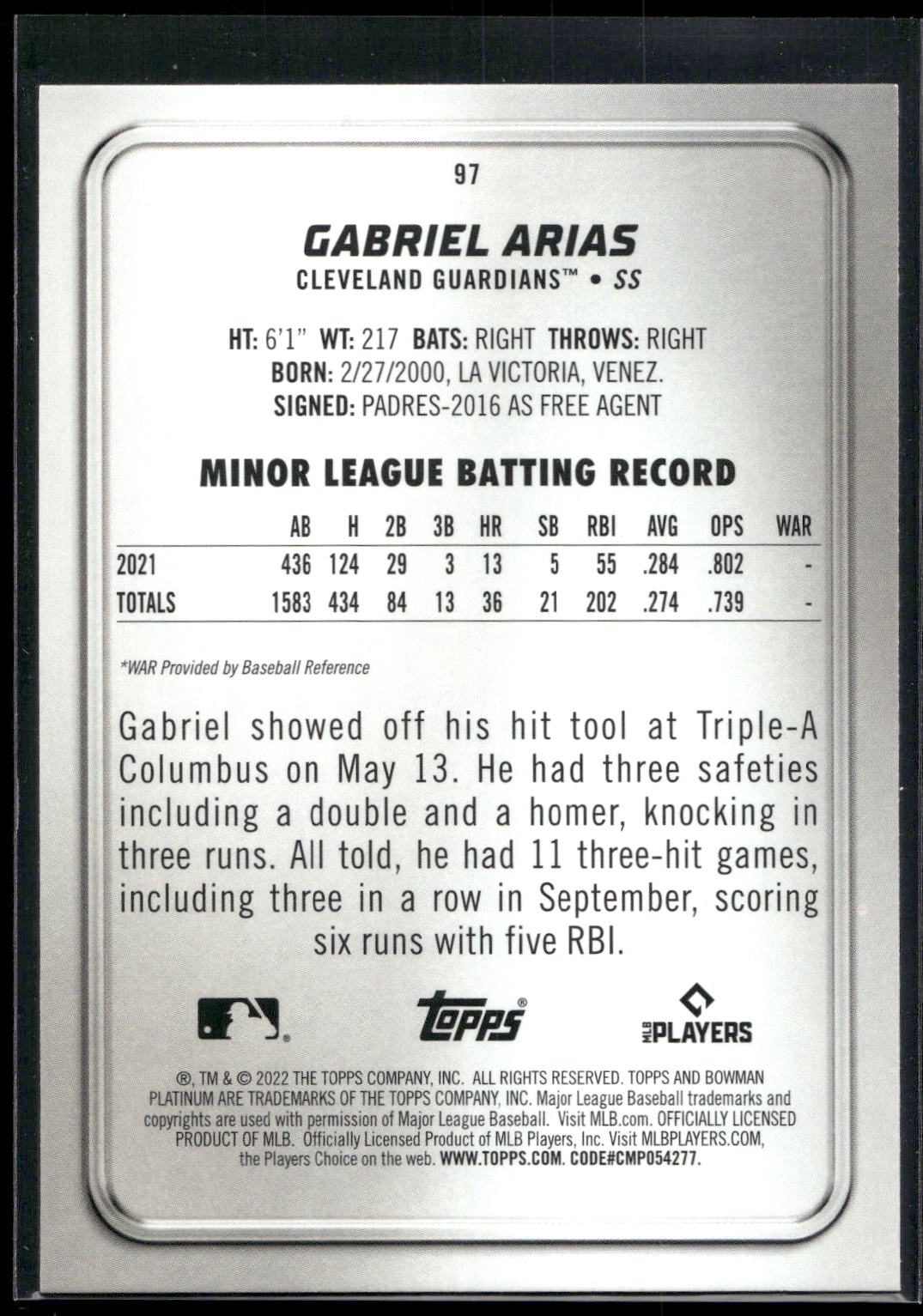 2022 Bowman Platinum #97 Gabriel Arias