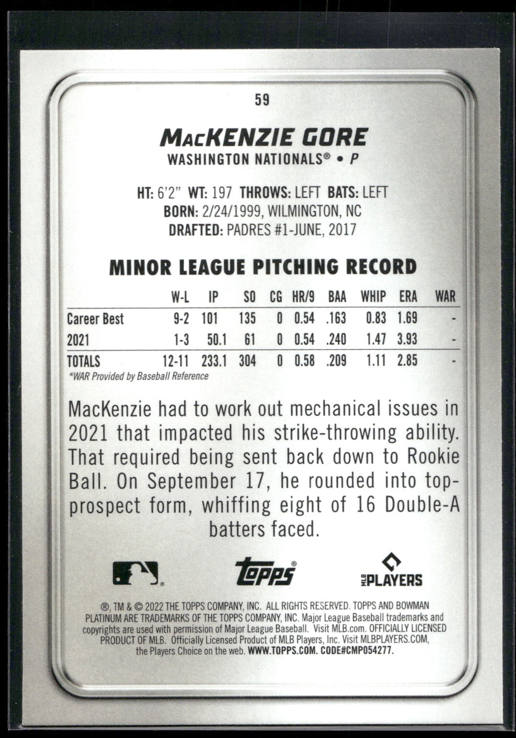 2022 Bowman Platinum #59 MacKenzie Gore