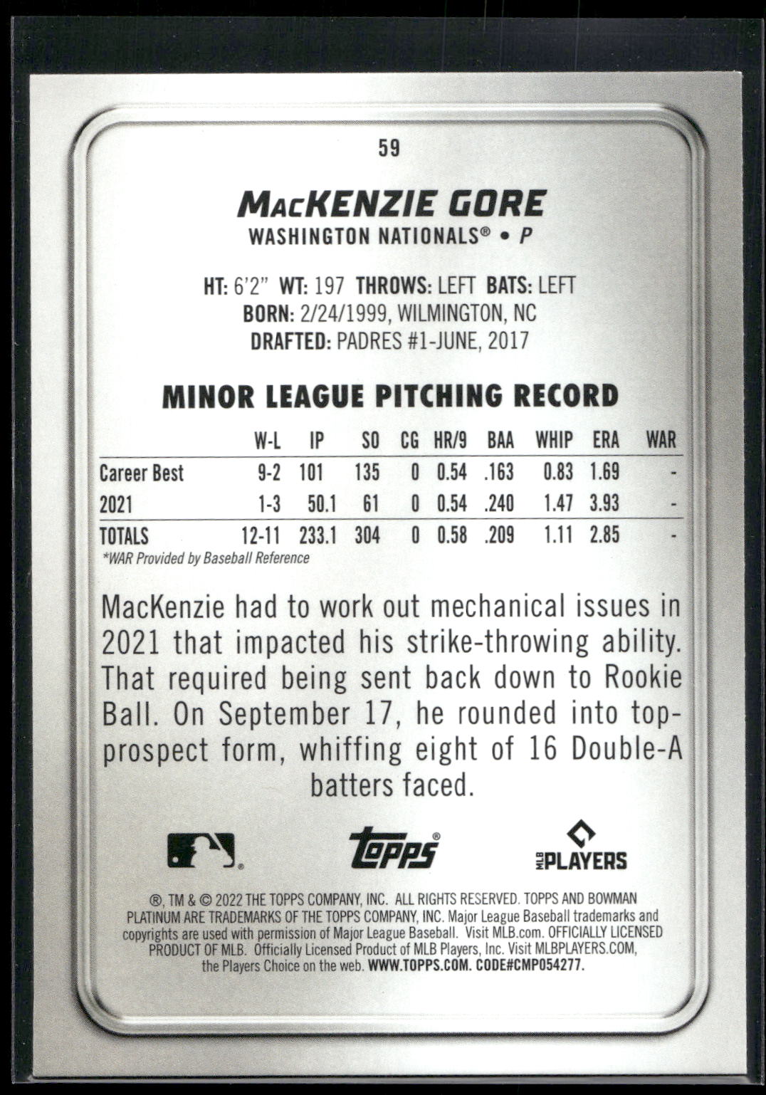 2022 Bowman Platinum #59 MacKenzie Gore