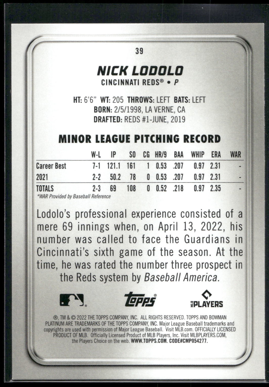 2022 Bowman Platinum #39 Nick Lodolo