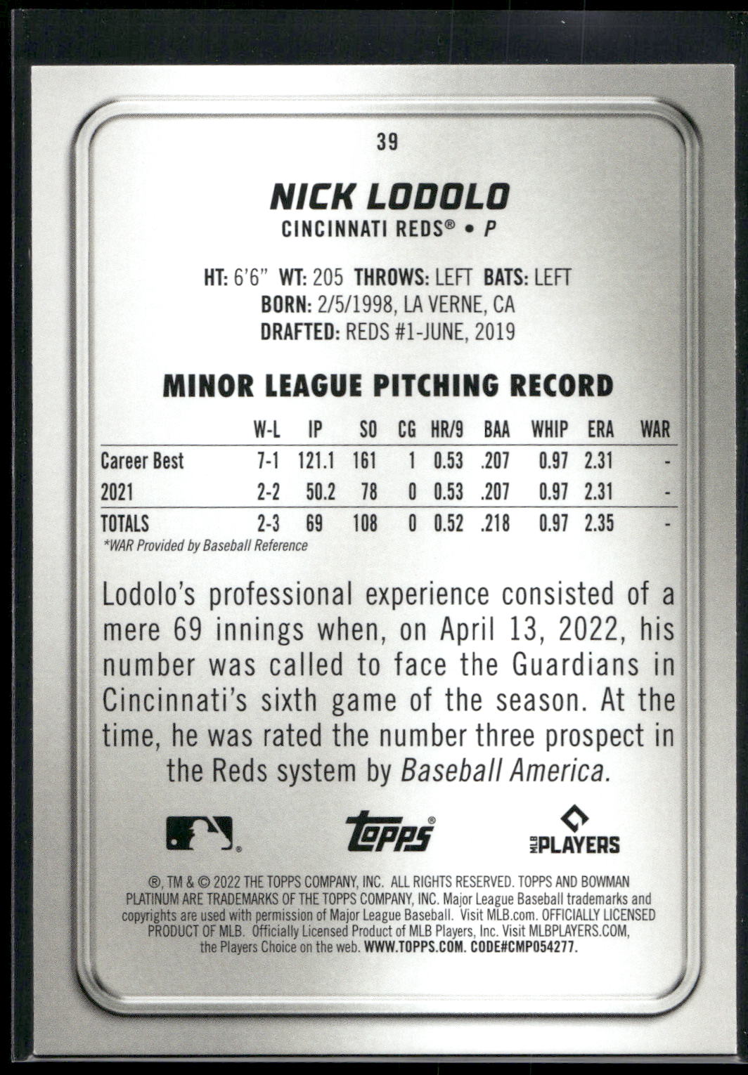 2022 Bowman Platinum #39 Nick Lodolo