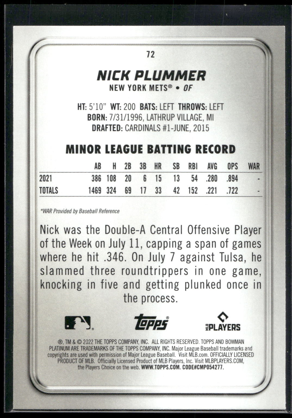 2022 Bowman Platinum #72 Nick Plummer