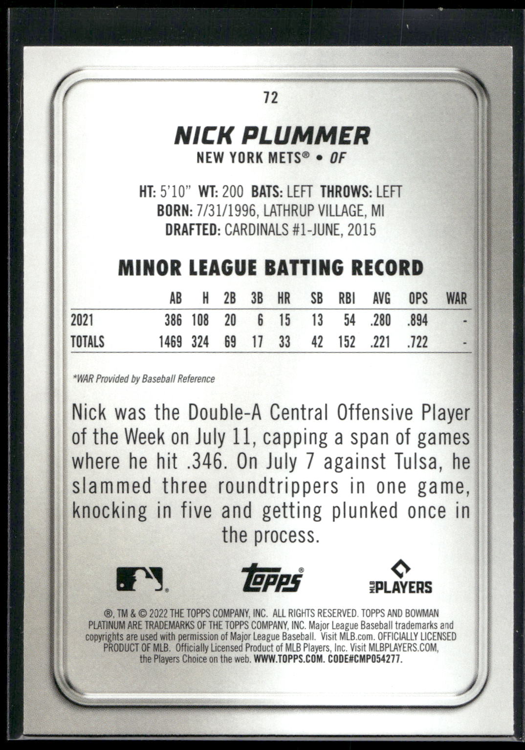 2022 Bowman Platinum #72 Nick Plummer