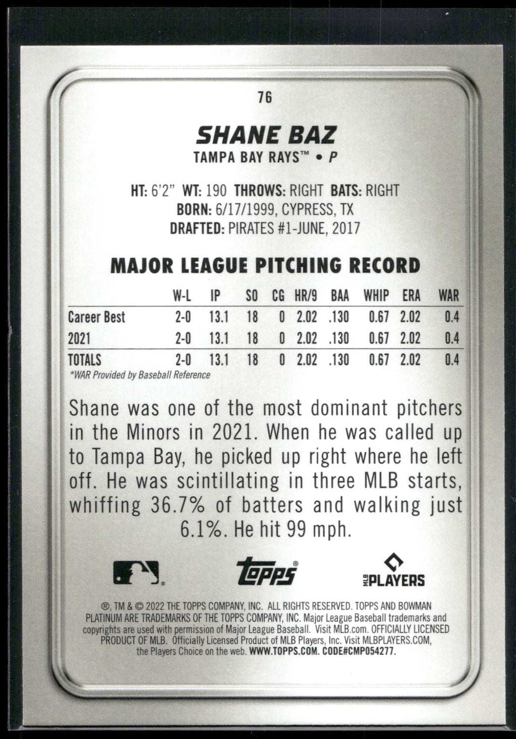 2022 Bowman Platinum #76 Shane Baz