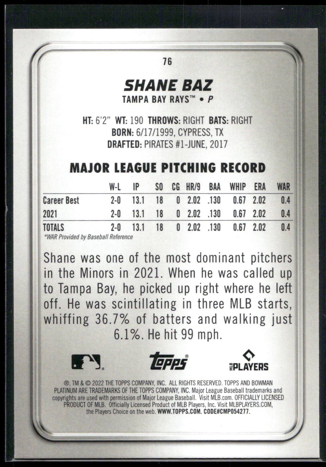 2022 Bowman Platinum #76 Shane Baz