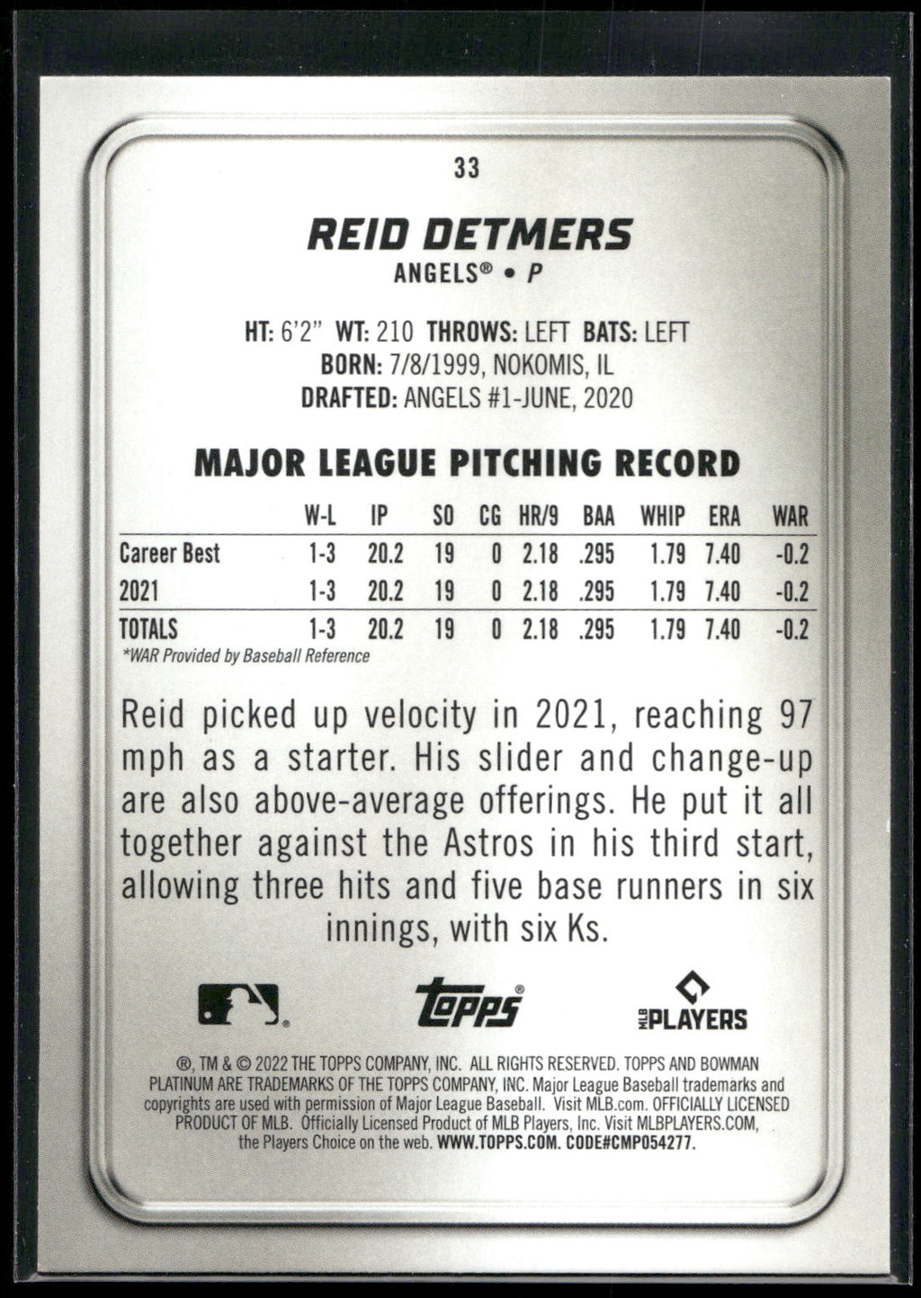 2022 Bowman Platinum #33 Reid Detmers