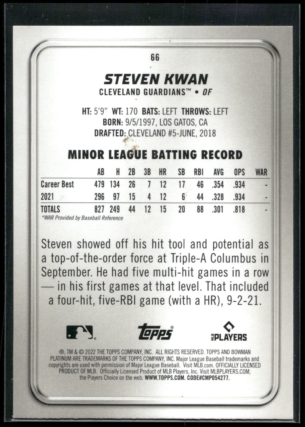 2022 Bowman Platinum #66 Steven Kwan