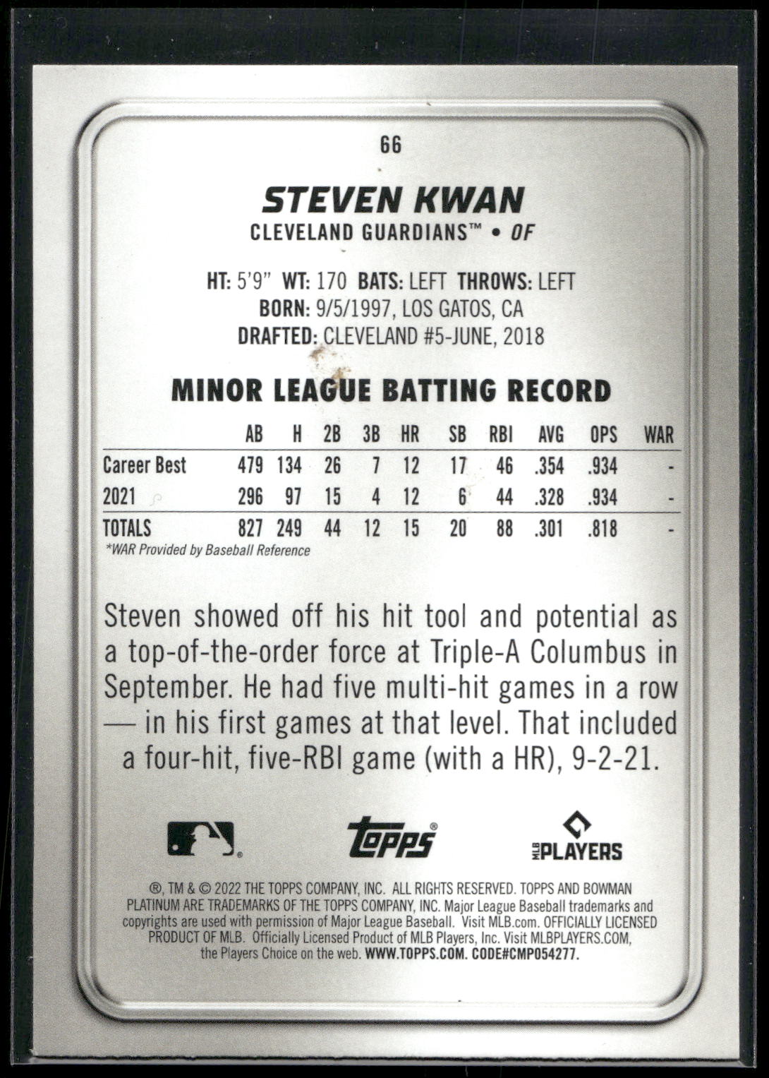 2022 Bowman Platinum #66 Steven Kwan