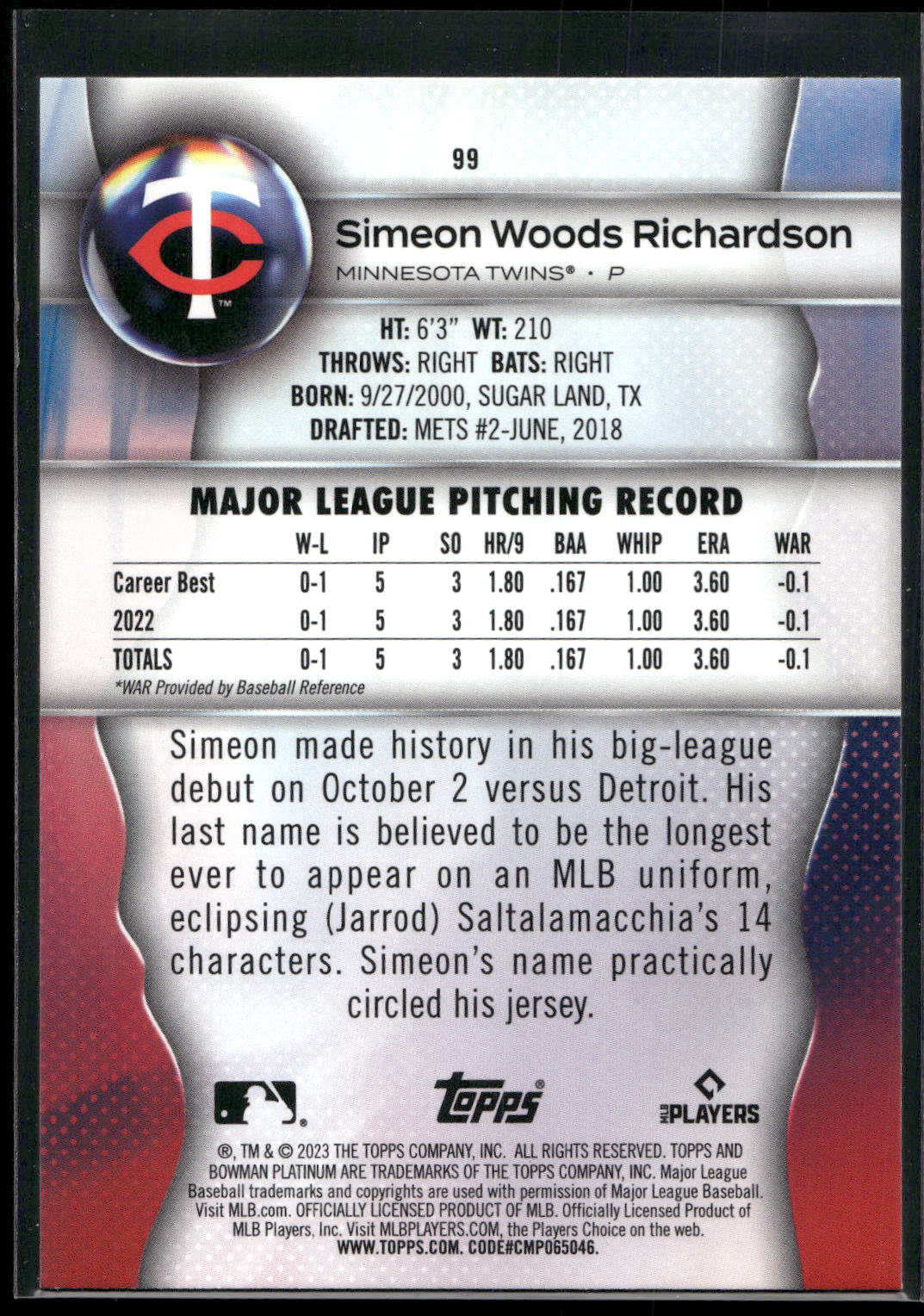 2023 Bowman Platinum #99 Simeon Woods Richardson