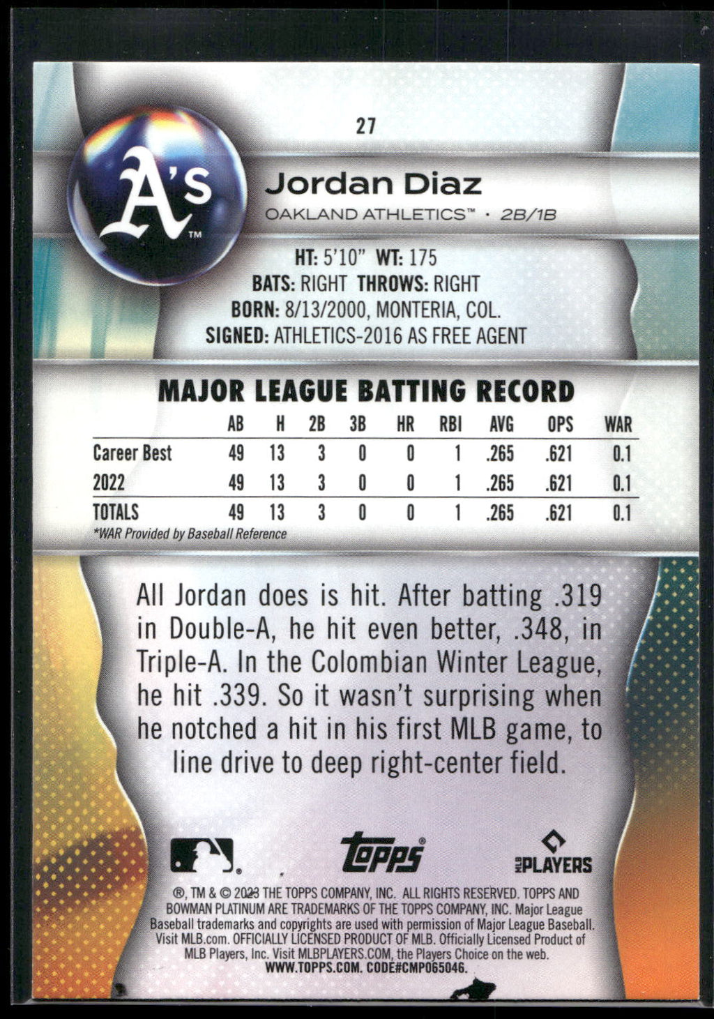 2023 Bowman Platinum #27 Jordan Diaz