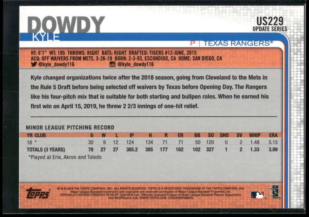 2019 Topps Update #US229 Kyle Dowdy
