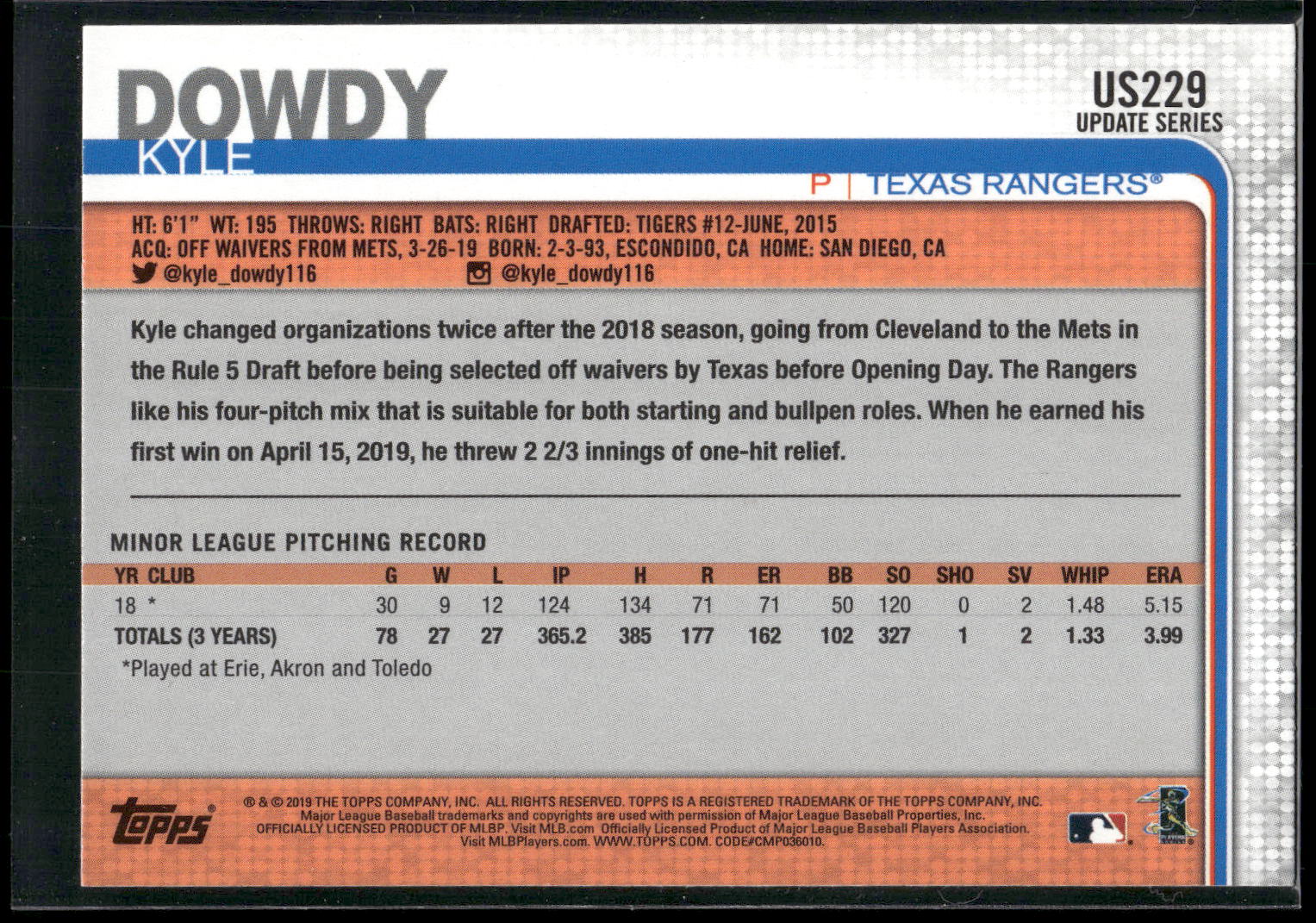 2019 Topps Update #US229 Kyle Dowdy