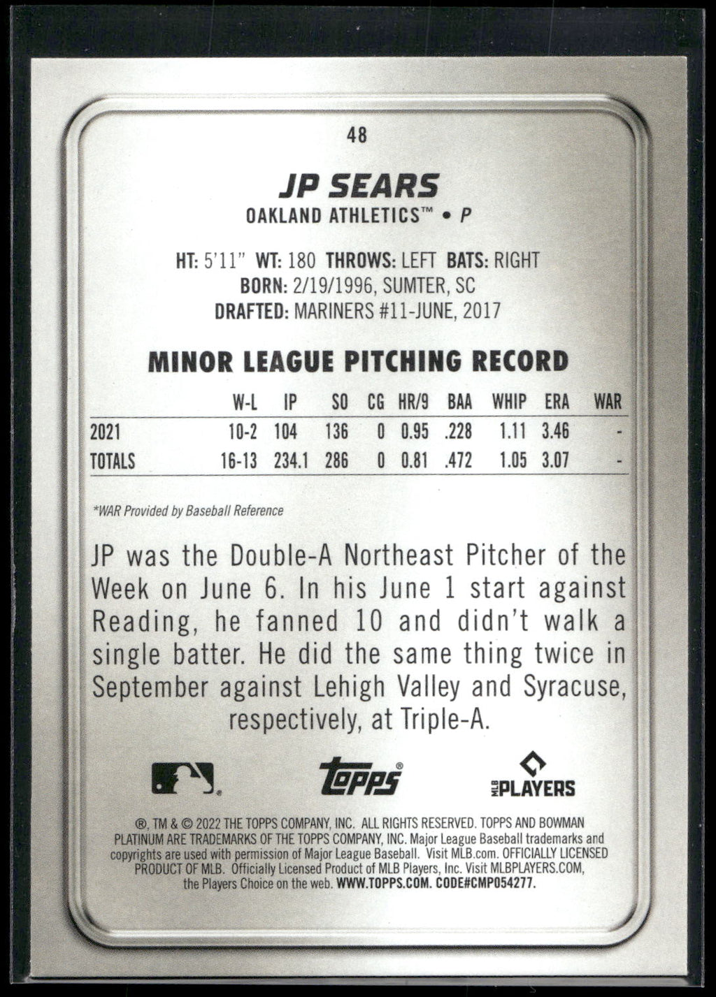 2022 Bowman Platinum #48 JP Sears