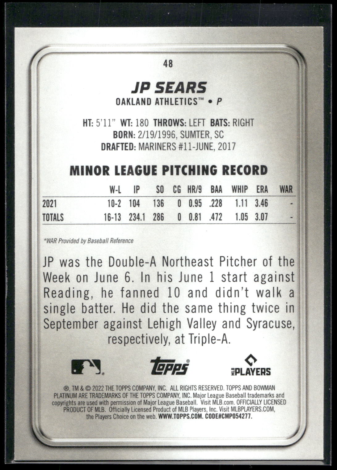2022 Bowman Platinum #48 JP Sears