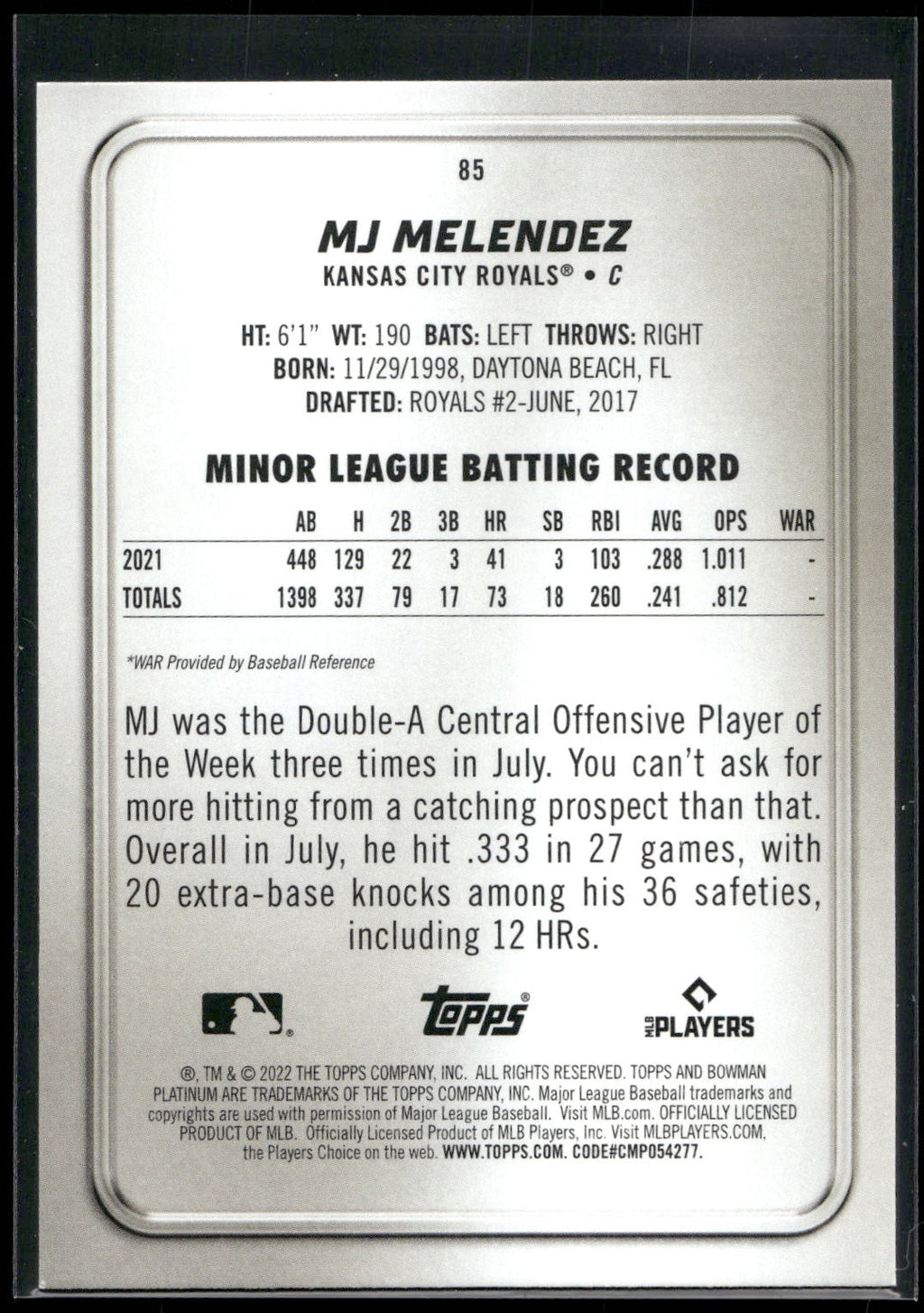 2022 Bowman Platinum #85 MJ Melendez