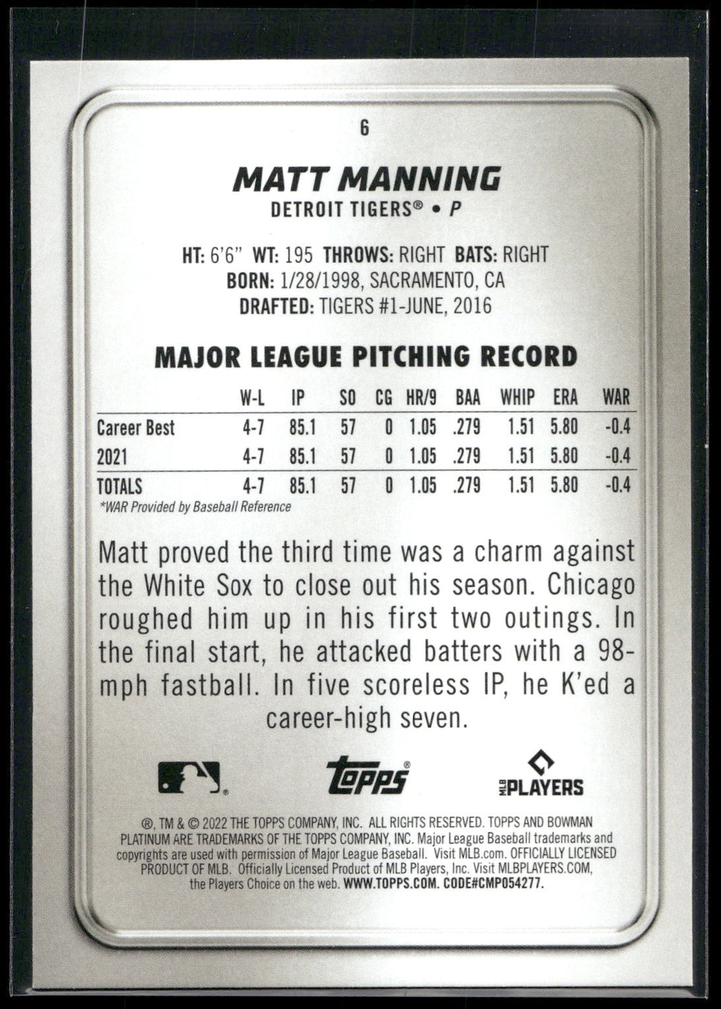 2022 Bowman Platinum #6 Matt Manning
