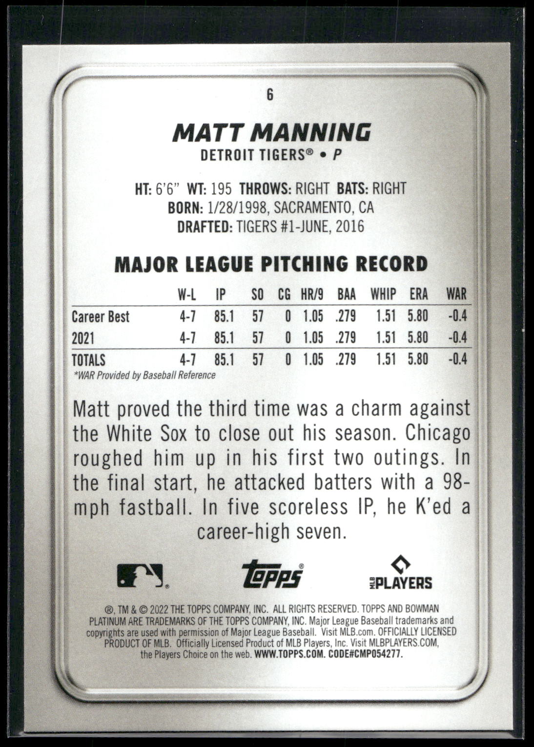 2022 Bowman Platinum #6 Matt Manning
