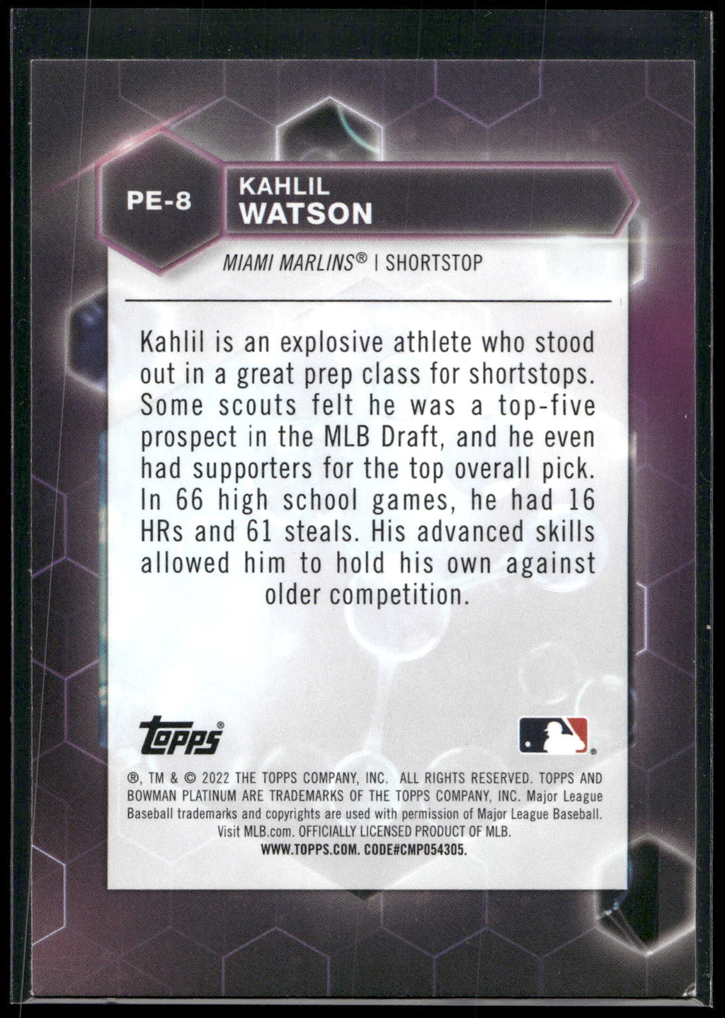 2022 Bowman Platinum #PE-8 Kahlil Watson Precious Elements
