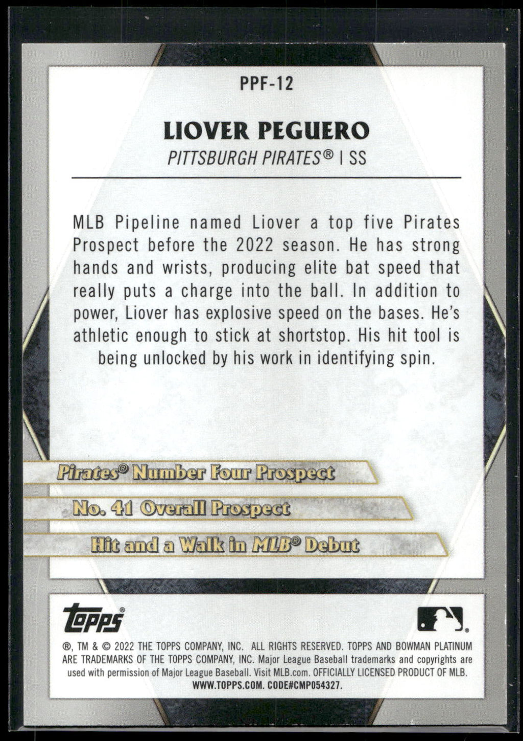 2022 Bowman Platinum #PPF-12 Liover Peguero Platinum Portfolios