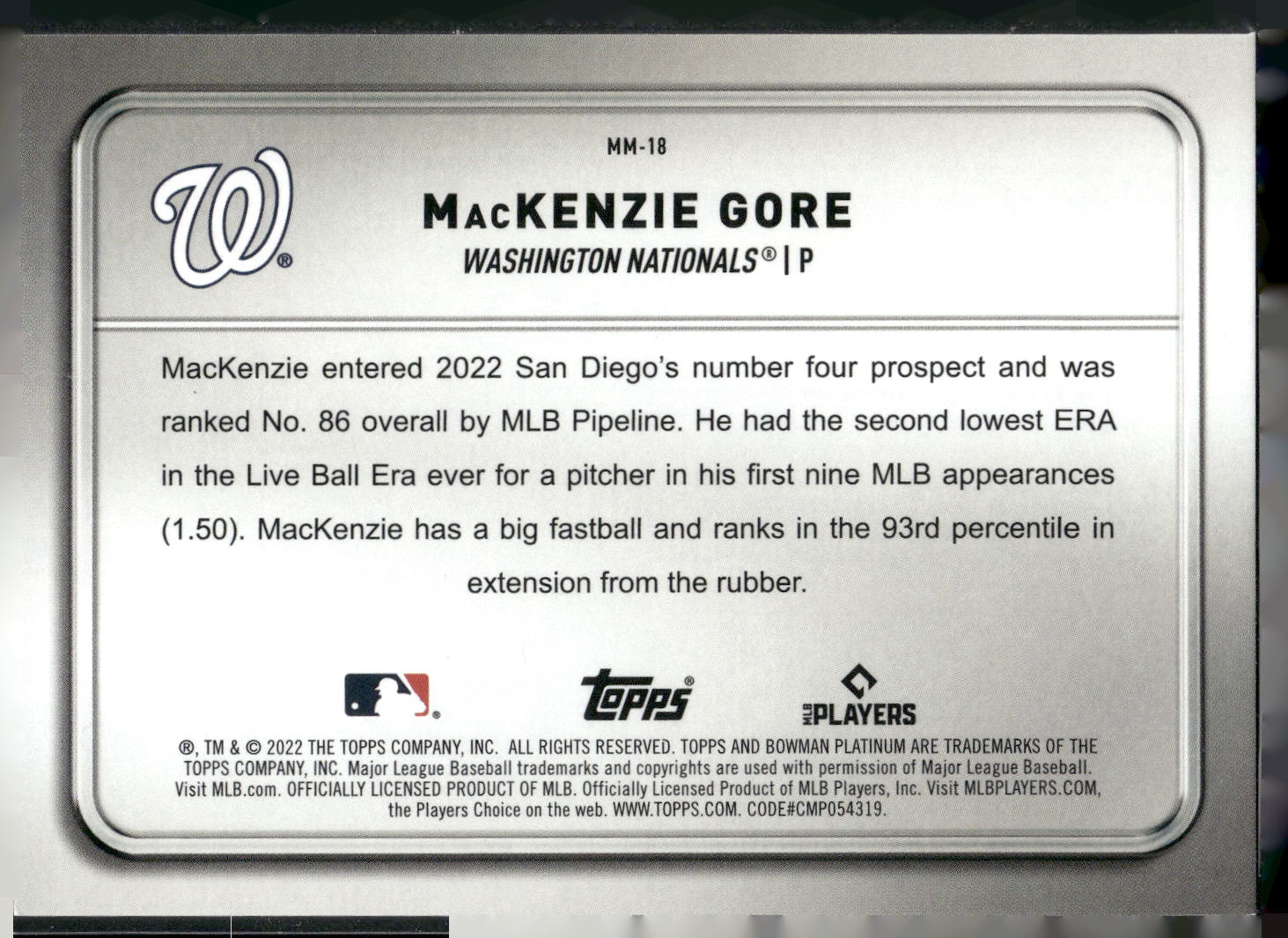2022 Bowman Platinum #MM-18 MacKenzie Gore Minted in Merit