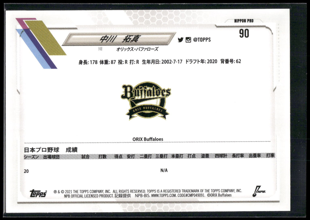 2021 Topps NPB #90 Takuma Nakagawa