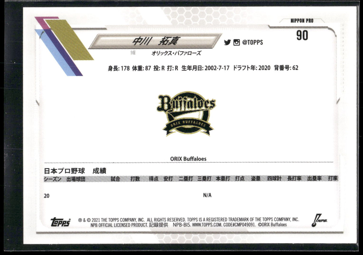 2021 Topps NPB #90 Takuma Nakagawa