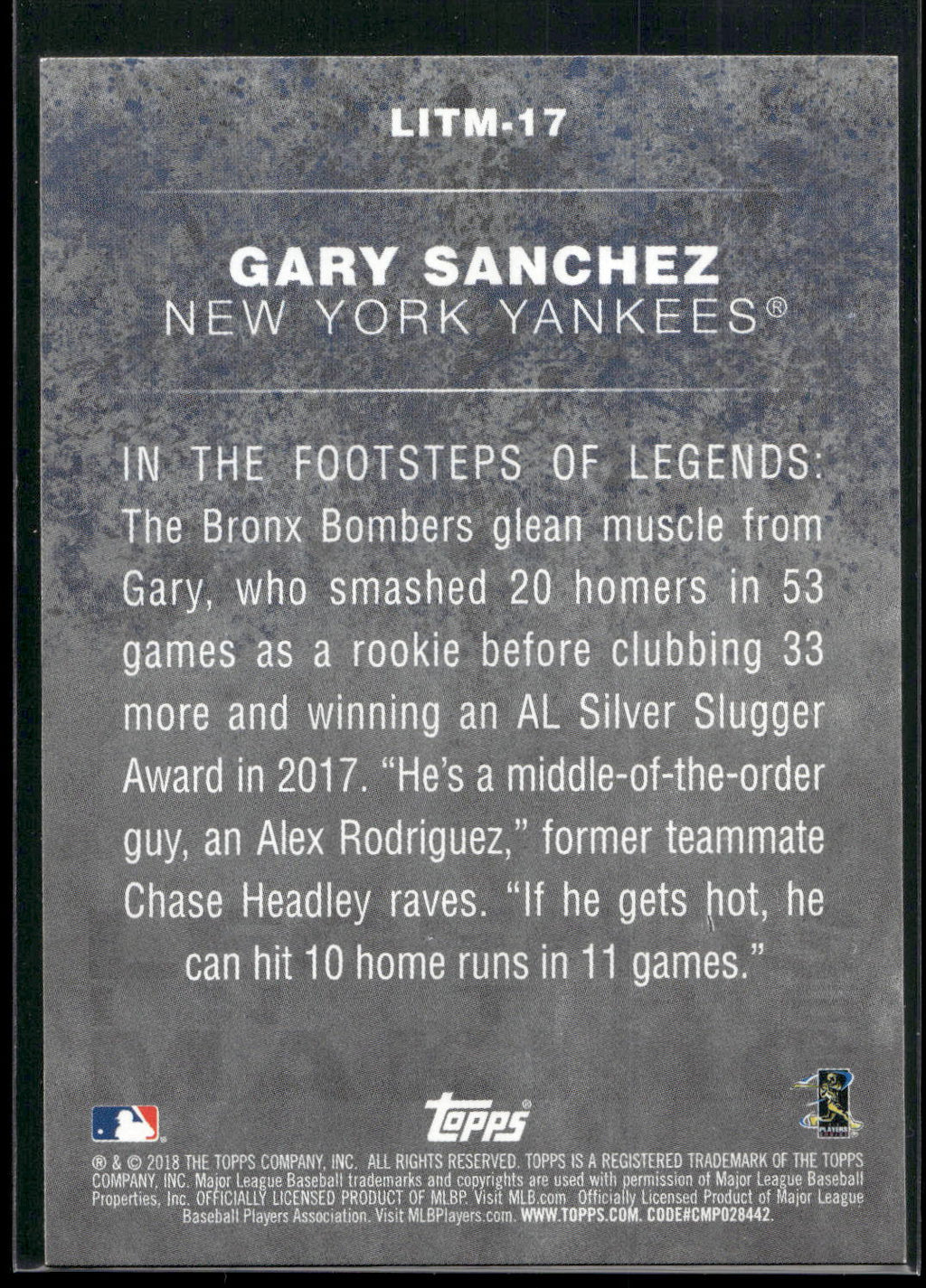 2018 Topps #LITM-17 Gary Sanchez Legends in the Making (Series 2)