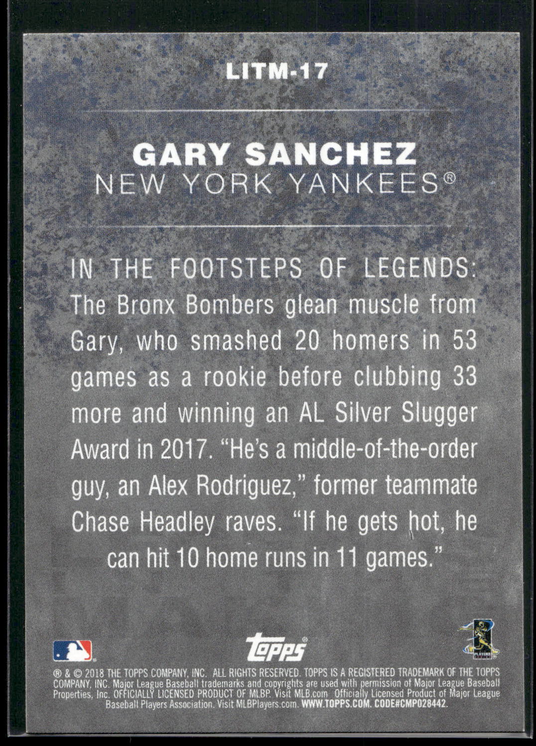 2018 Topps #LITM-17 Gary Sanchez Legends in the Making (Series 2)