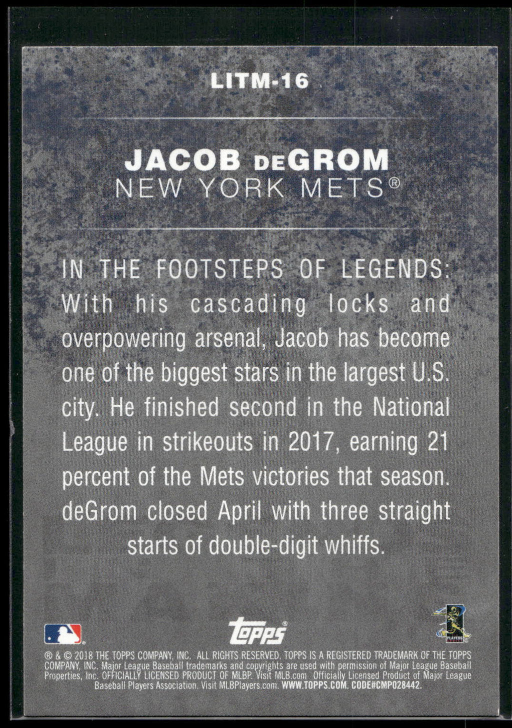 2018 Topps #LITM-16 Jacob deGrom Legends in the Making (Series 2)