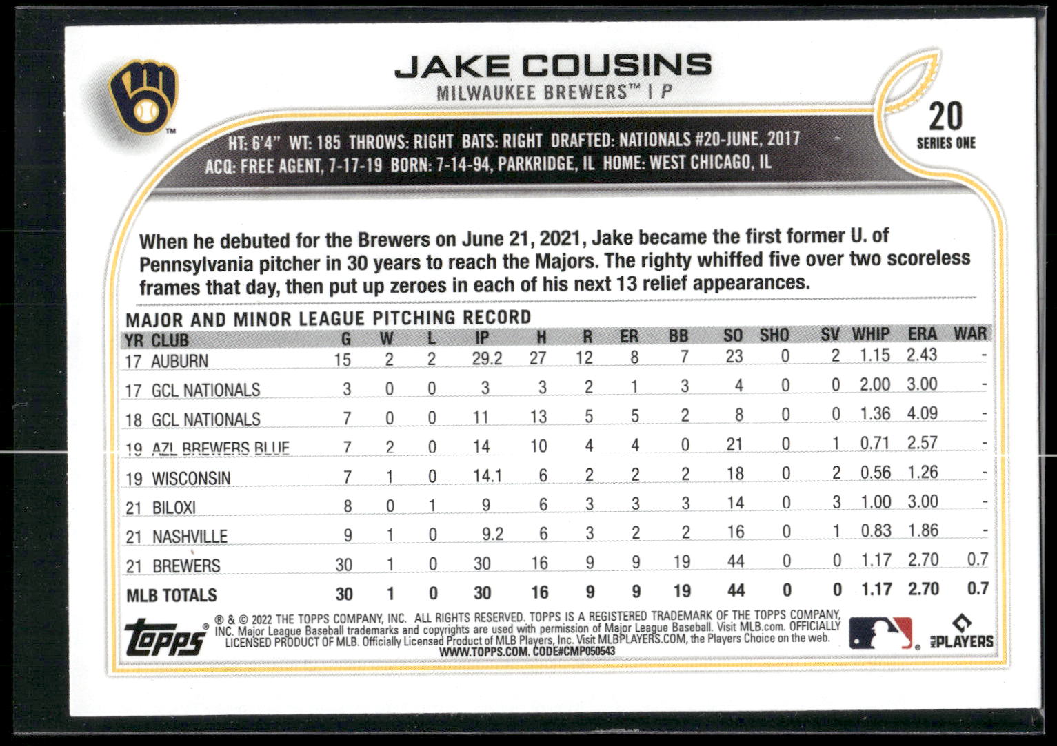 2022 Topps #20 Jake Cousins
